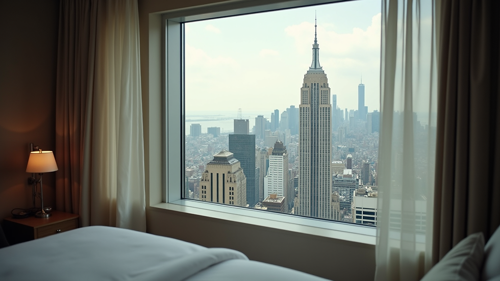 Close-up view of a hotel room with a city skyline outside the window