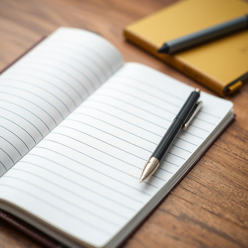 make an image with a notepad with lined paper that is open on a desk and a pen is inside o