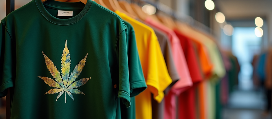 Cannabis-themed clothing on display in a store