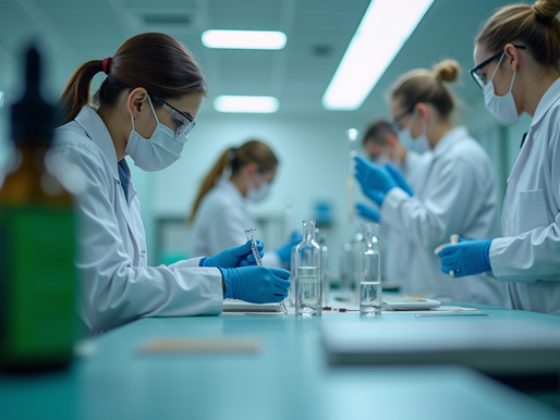 Scientists working in a lab, representing the scrutiny and research involved in CBD product regulation.