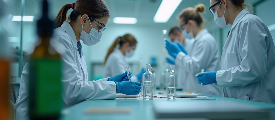 Scientists working in a lab, representing the scrutiny and research involved in CBD product regulation.