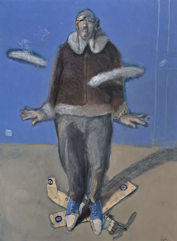 françois-anton-huile-sur-toile-vol-de-nuit-pilote-avion-papier-chaussure-bleu-nuage-humour-drôle-poésie