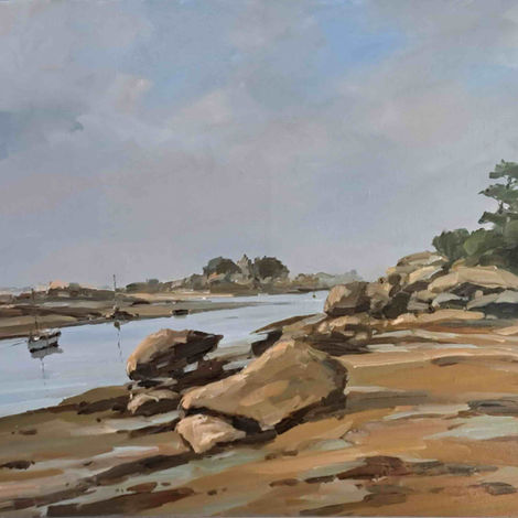 stéphane-ruais-huile-sur-toile-ploumanach-calme-à-l'entrée-du-port-bretagne-bateau-galerie-vue-sur-mer
