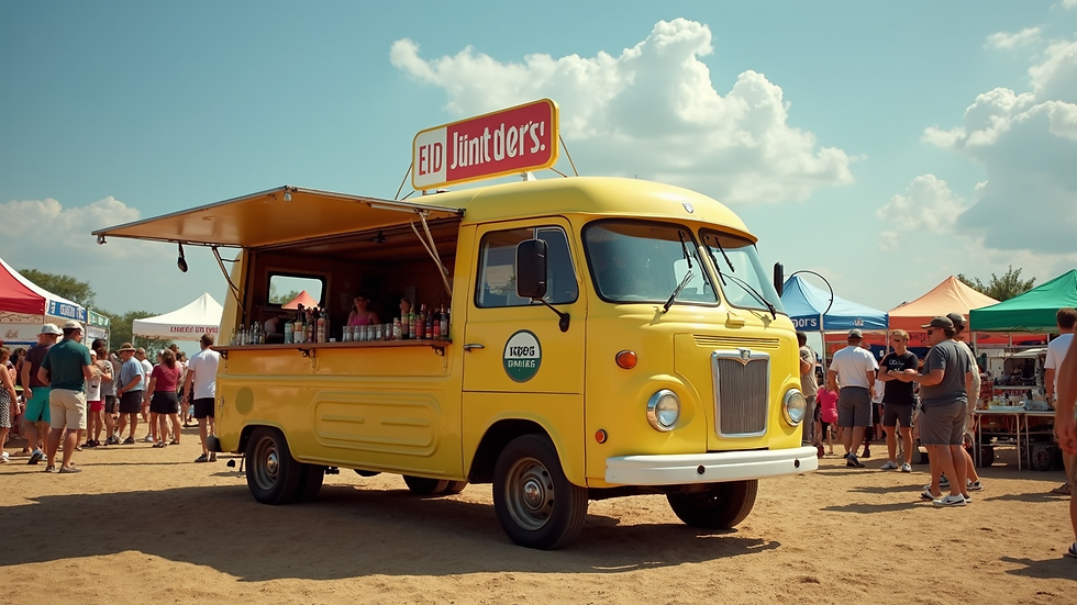 High angle view of a mobile bar truck parked at a sunny outdoor event
