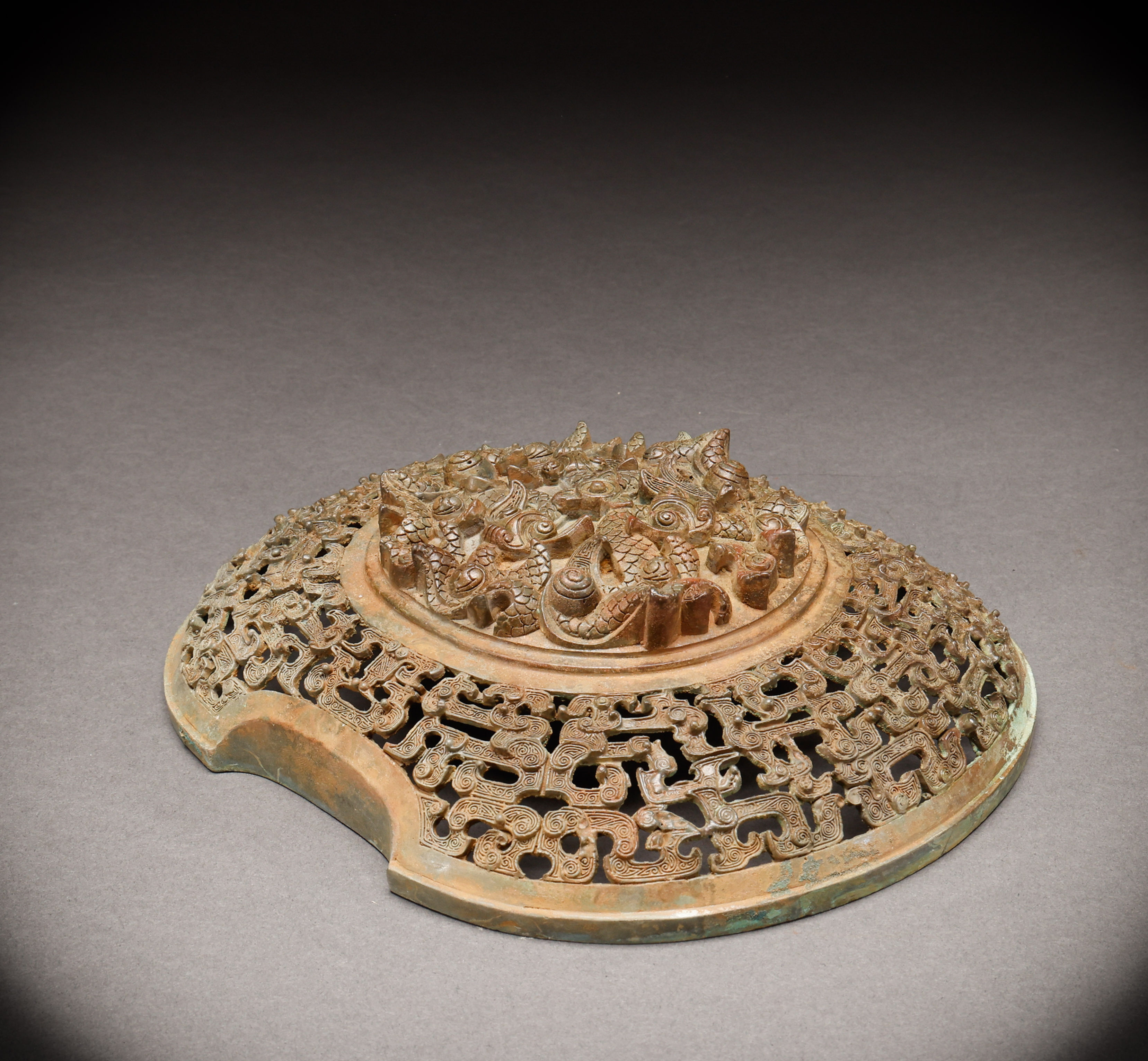 Bronze Ritual Vessel with Openwork Cover and Zoomorphic Handles, Pre-Ming Style