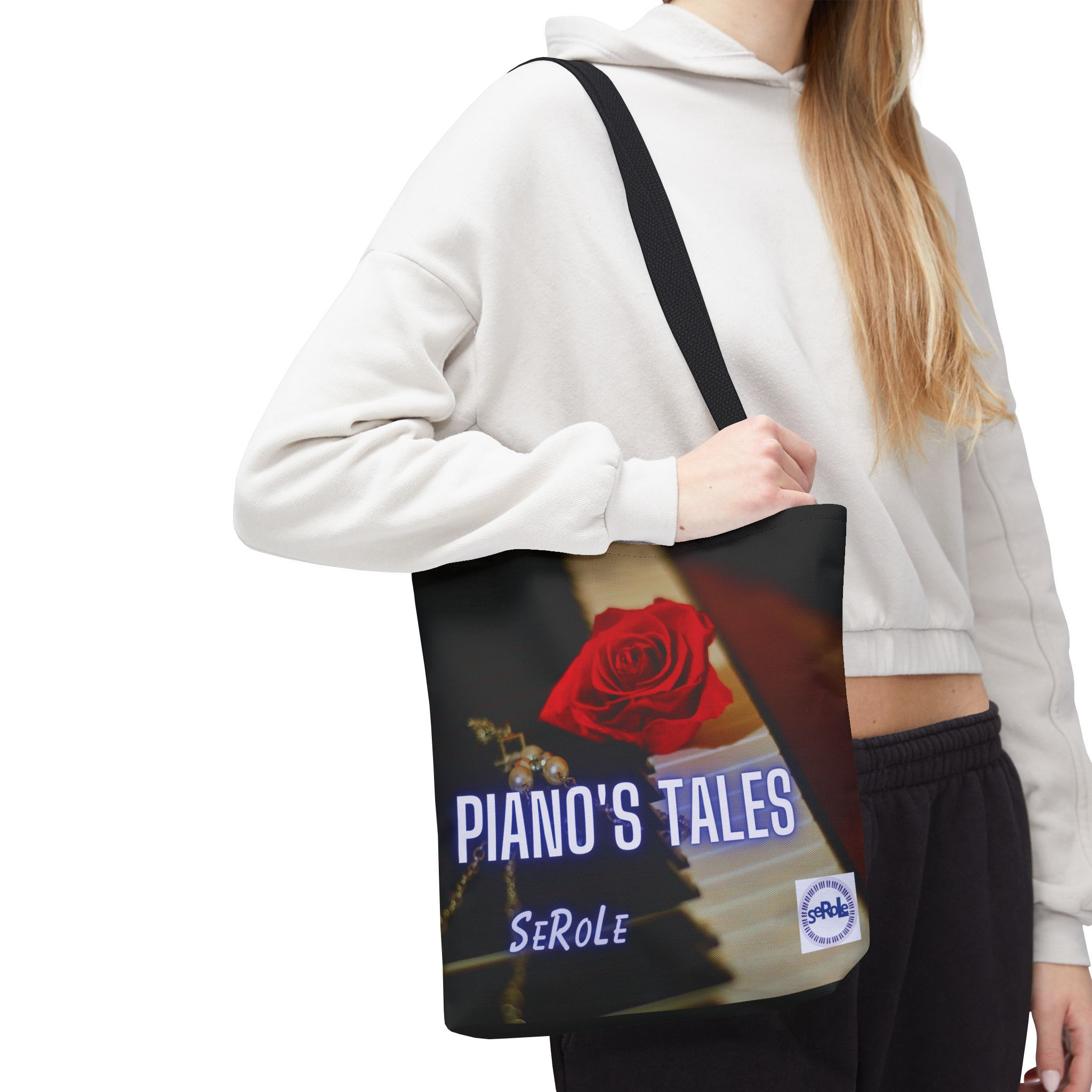 Piano's Tales Tote Bag - Elegant Music-Inspired Canvas Bag with Rose Design