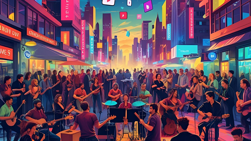 A vibrant street scene with a large crowd of musicians playing together, as colorful city lights illuminate the lively atmosphere.