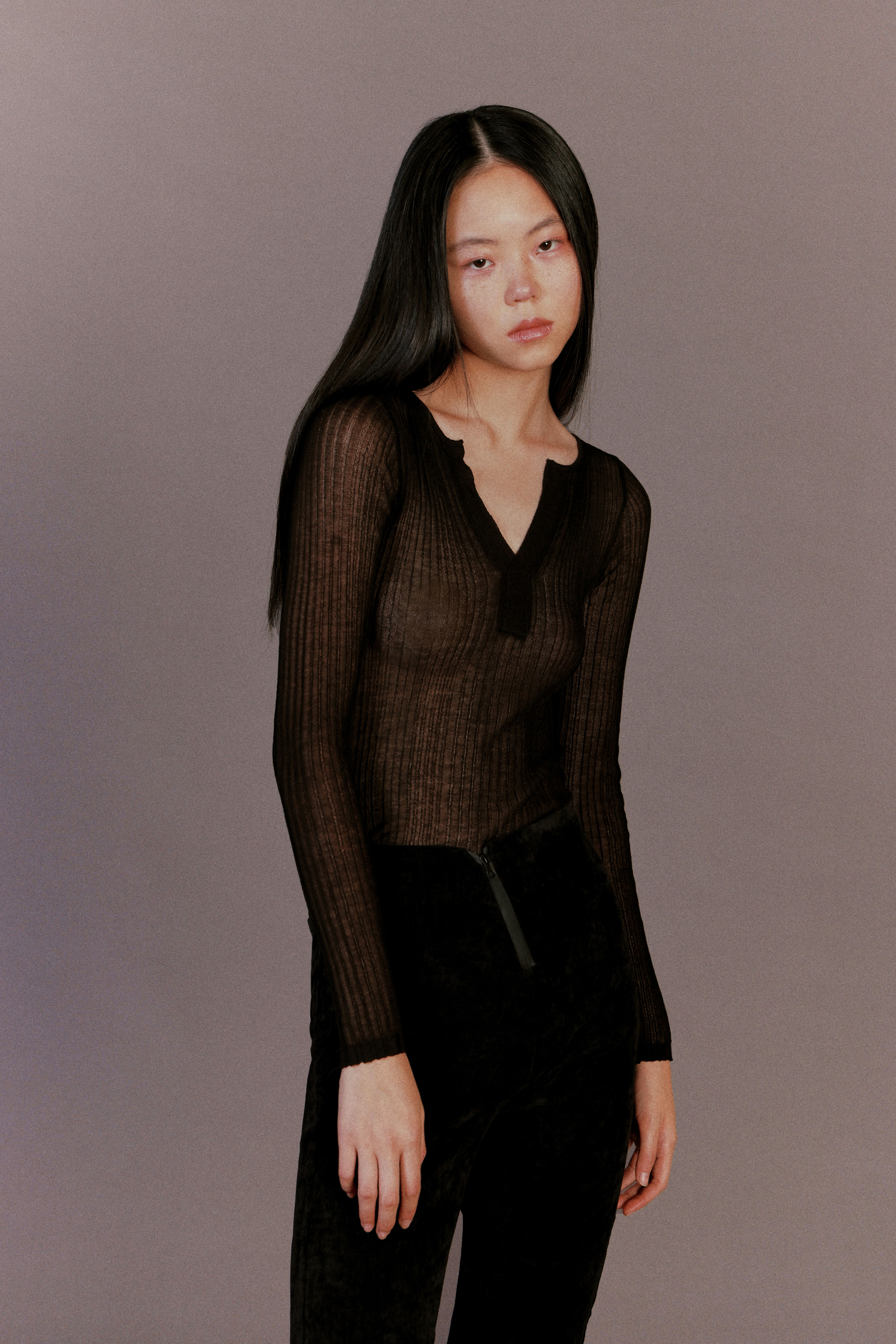 Black Knit Slash Long Sleeve Top