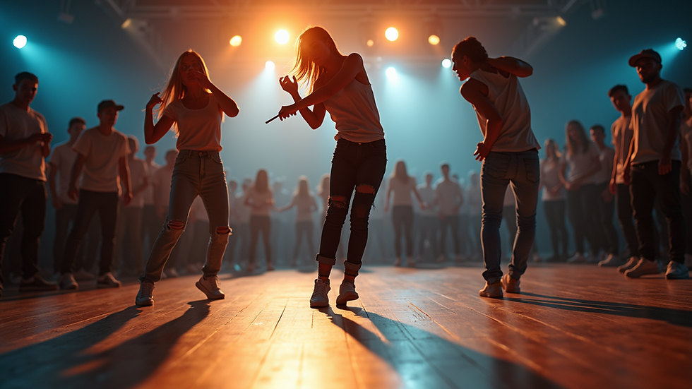 Eye-level view of dancers performing in a hip-hop competition