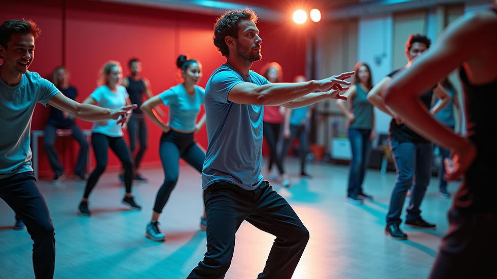High angle view of a dance workshop in progress with a coach demonstrating moves
