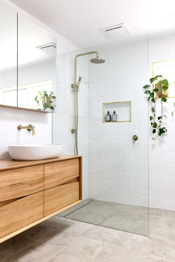 neutral shower room with oak floating vanity