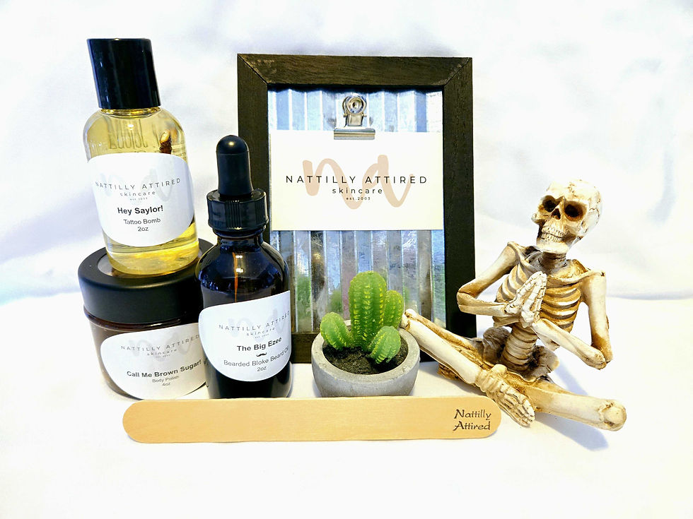 High angle view of lush green plants beside a collection of natural skincare items