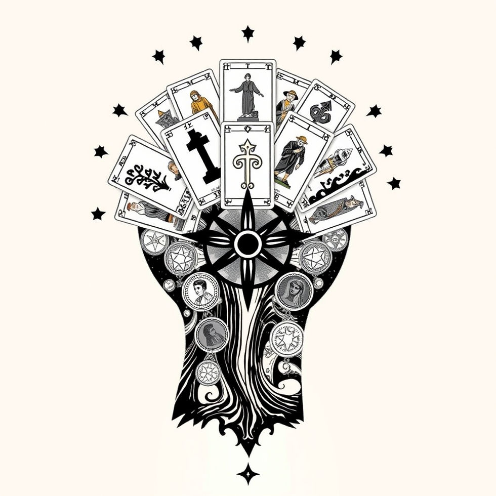 A head full of tarot card symbols