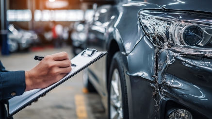 Hand holding clipboard inspecting damaged car bumper for insurance claim assessment at repair shop.