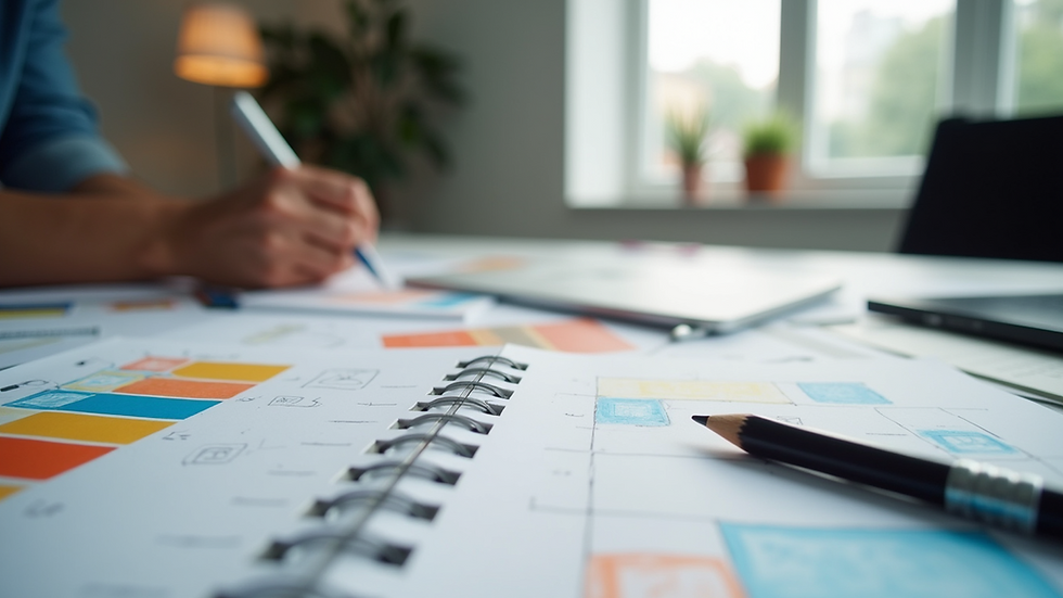 Eye-level view of a modern workspace with colorful design sketches