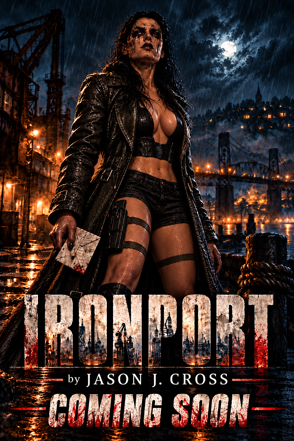Rain-soaked woman in black leather stands in an industrial harbor at night; poster text reads IRONPORT, Coming Soon.