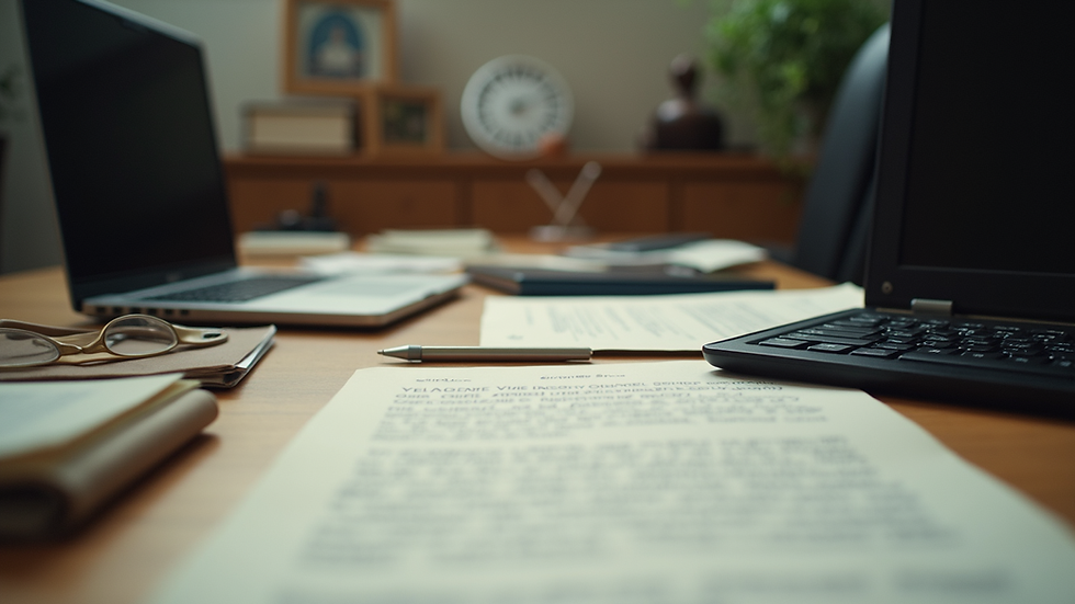 Eye-level view of a cluttered writer’s desk with script pages and a laptop