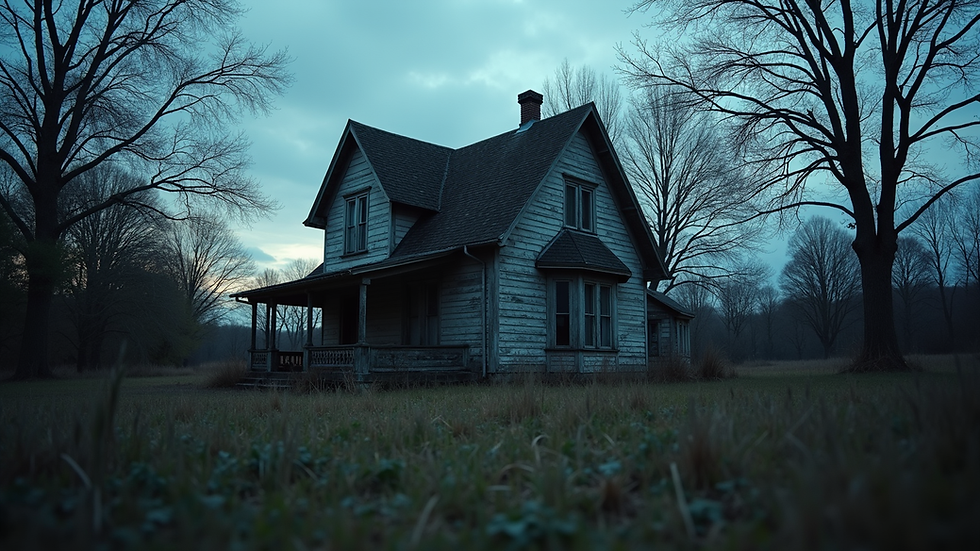 Eye-level view of an old, abandoned house at dusk