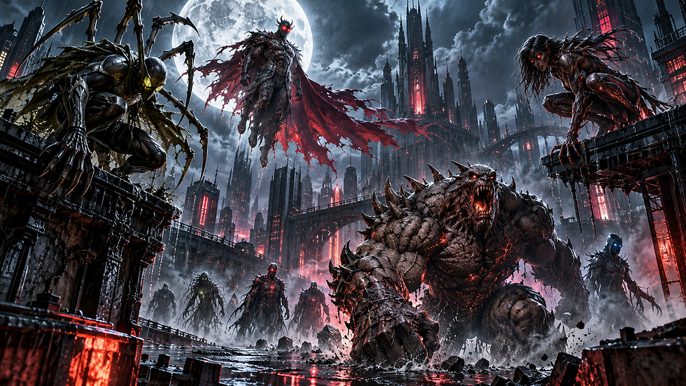 Monstrous demons and spider-like creatures crouch in a ruined neon-lit city under a full moon, red eyes glowing.
