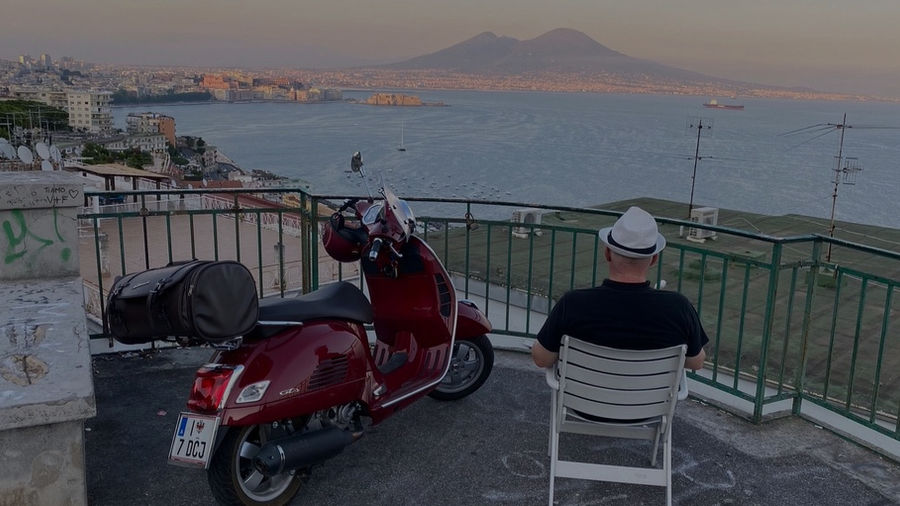 VENICE: Austrian director Hermann Weiskopf and his Vespa in the Venetian Lagoon