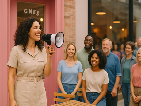 A smiling female business owner stands outside her shop, addressing a cheerful crowd with a tannoy on a sunny day in London. A subtle pink accent adds warmth to the professional scene.