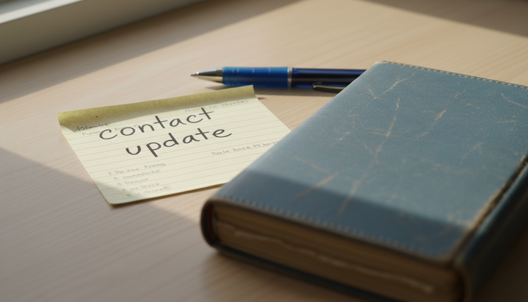 Close-up view of a handwritten note beside a pen and address book