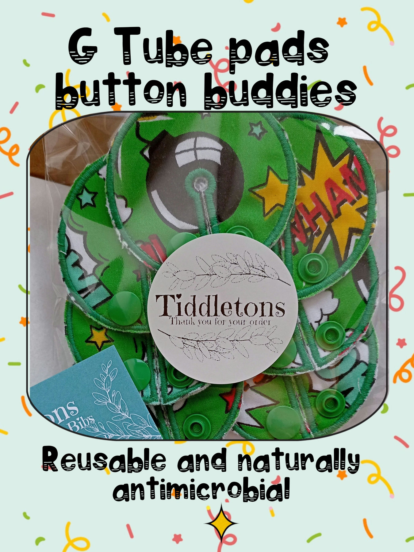 Green pow! comic, G Tube pads, reusable cloth accessories for G, GJ, J and PEG