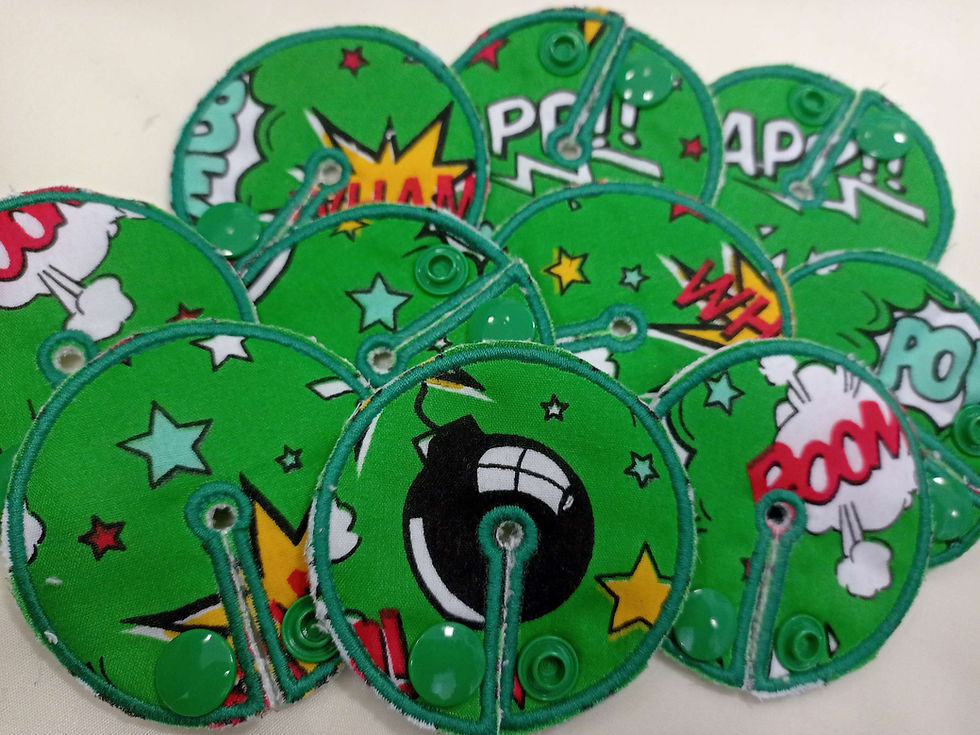 Thumbnail: Green pow! comic, G Tube pads, reusable cloth accessories for G, GJ, J and PEG