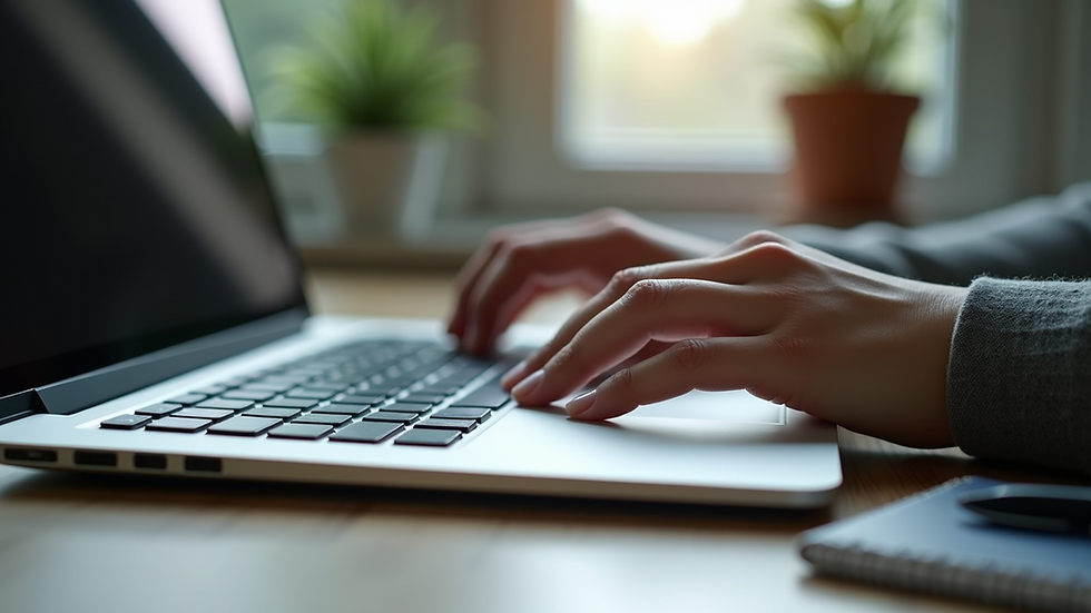 Close-up view of a person typing on a laptop with a notepad beside them