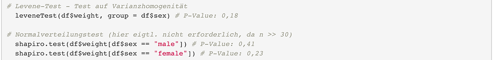 R Code zur Durchführung des Levene-Tests und des Shapiro-Wilk-Tests