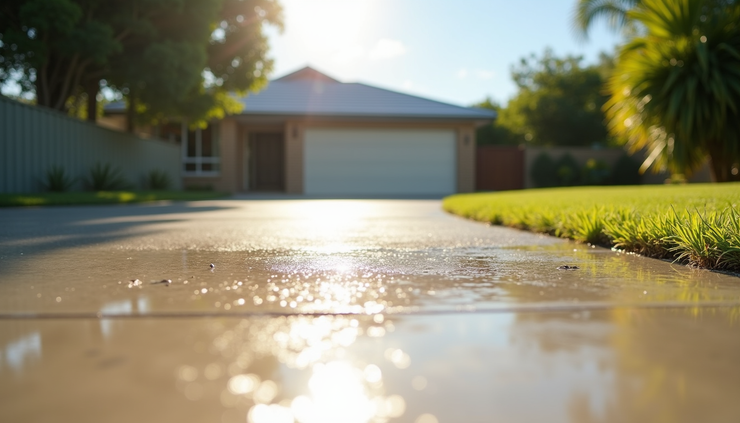Eye-level view of a clean concrete driveway after pressure washing in a sunny Whitsundays neighborhood
