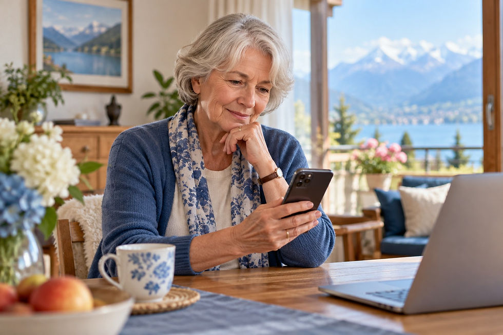 Seniorin betrachtet eine Nachricht auf dem Smartphone – Vorsicht vor Romance-Scams