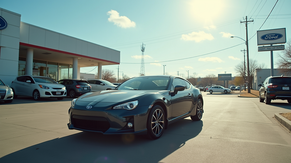 Eye-level view of a used car parked in a dealership lot
