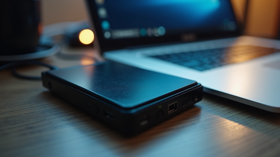 High angle view of an external hard drive connected to a laptop for data backup