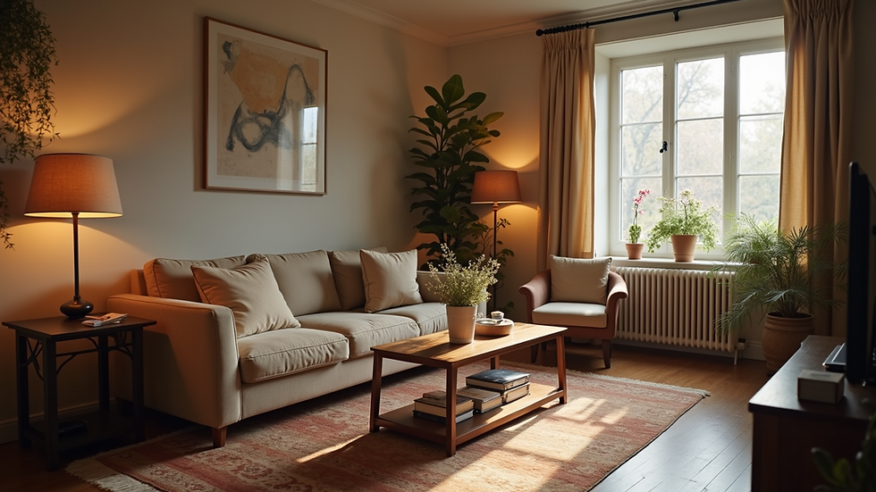 Eye-level view of a cozy living room with a welcoming atmosphere