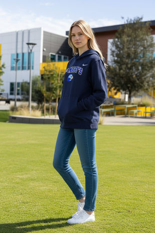 Woman wearing St. Mary's Navy Hoodie