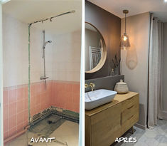 Annexe-architecte-intérieur-grenoble-decoration-salle-de-bain-avant-apres_Une salle de bain chaleureuse dans laquelle tous les m2 sont optimisés !
Les carreaux hexagonaux descendent en cascade contre le mur de la baignoire.
Une niche carrelée a été incorporée, constituant l'emplacement idéal pour entreposer les articles de salle de bain.