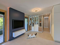 architecte d'intérieur Grenoble, rénovation, salon, télé, bibliothèque sur mesure