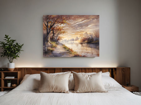 Neutral colors, bedroom with plant and nature art