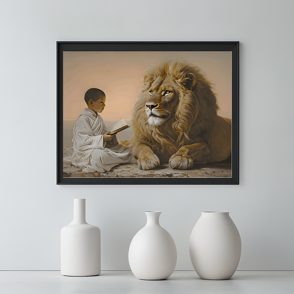 Young Monk Reading to a Lion. Wall Art for Home or Office