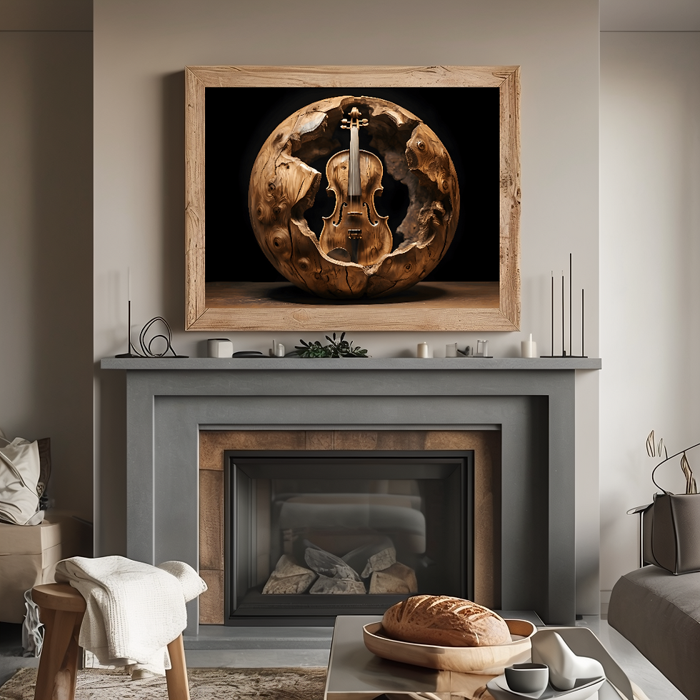 A print of a violin incased in a wood sphere.