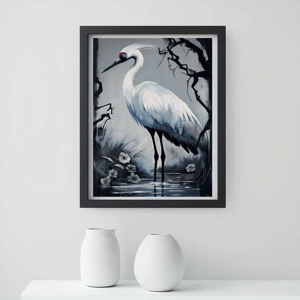 Serene Monochrome Stork Print, Wall Art