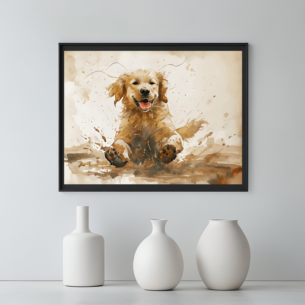 Happy Golden Retriever Playing in Mud. Wall Art for Dog Lovers