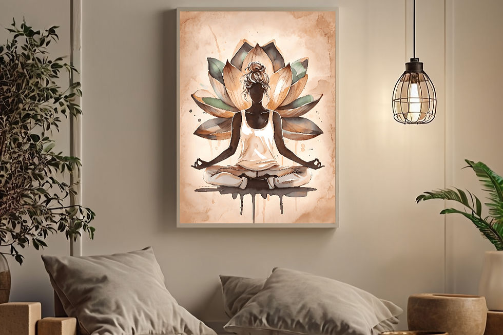 Eye-level view of a beautifully intricate mandala painting hanging on a serene wall