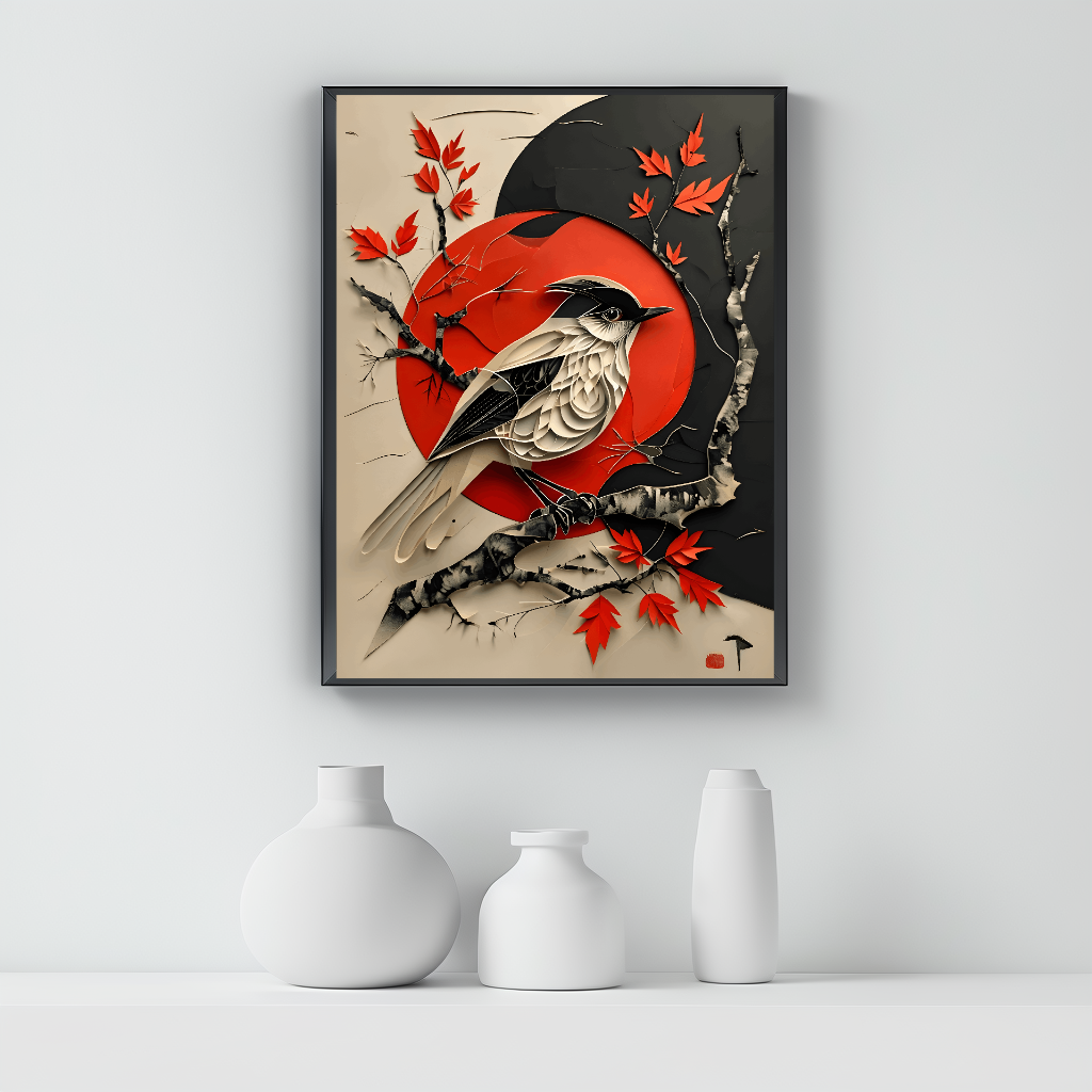 Stylized bird perched in branch with dynamic background.