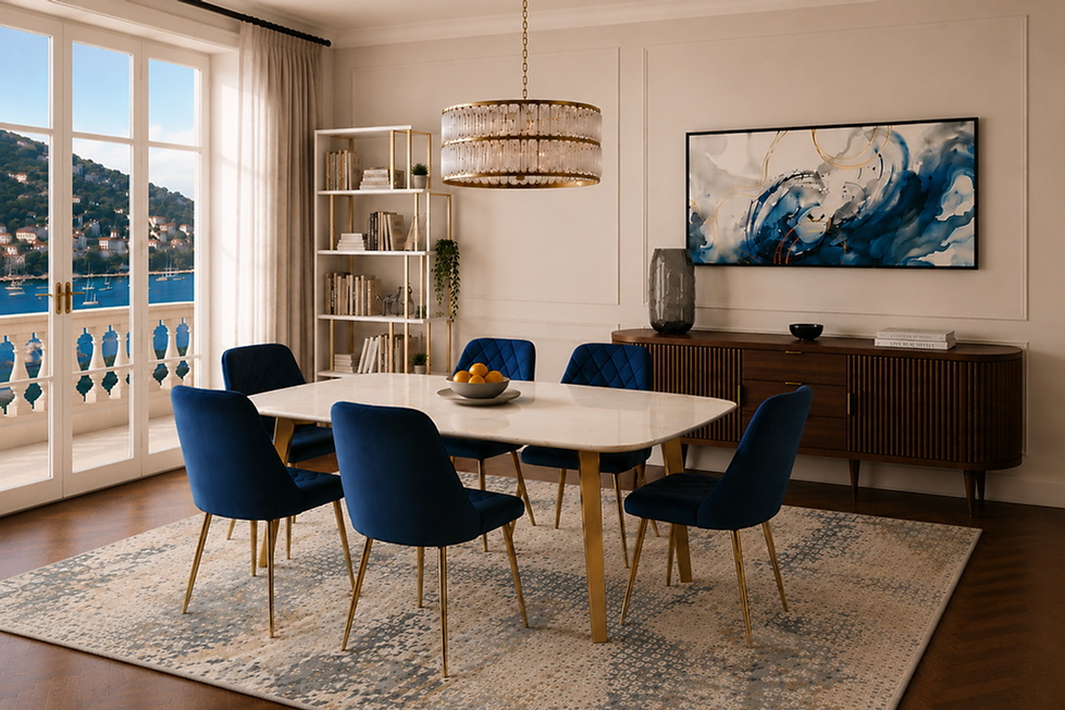 Monaco dining room with blue upholstered chairs, marble dining table and elegant Mediterranean coastal décor.