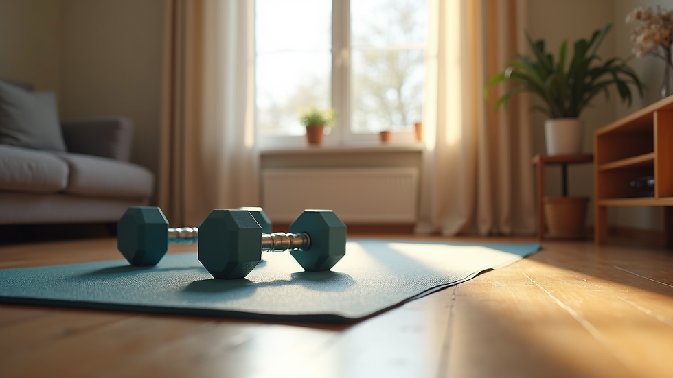 Eye-level view of a small living room workout space with a yoga mat and dumbbells
