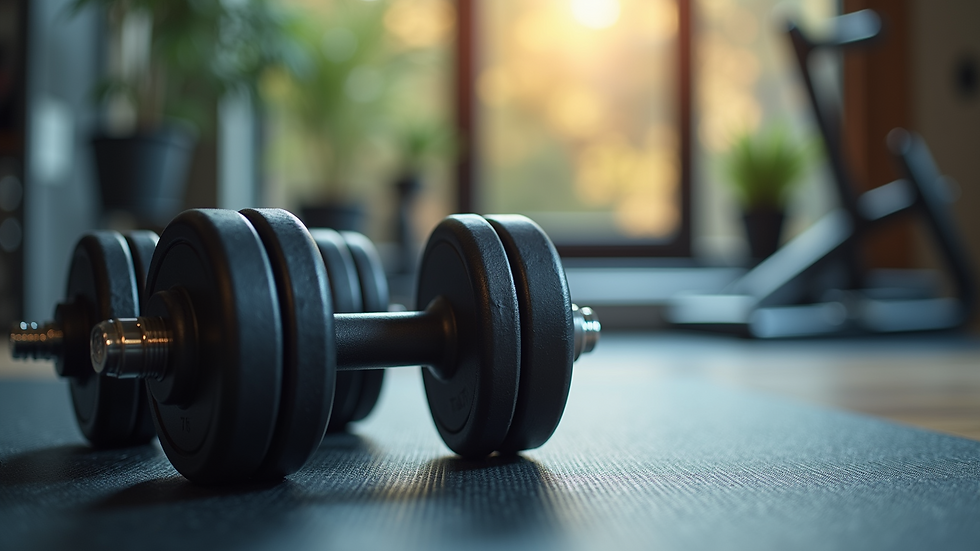 Close-up view of a fitness mat and dumbbells ready for a workout