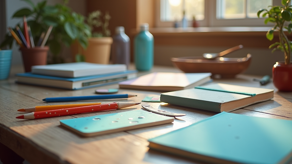 High angle view of colorful craft supplies on a table