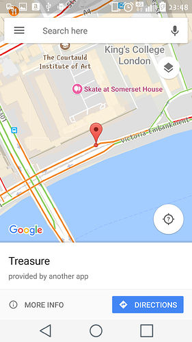 Google Maps focused on the Victoria Embankment with a note, "Treasure" at the bottom.